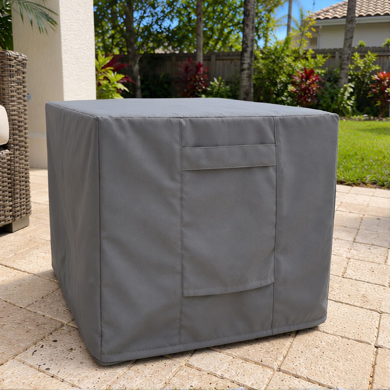 Angle. KHOMO GEAR - Outdoor Ottoman and Coffee Table Cover - Heavy Duty, Water Resistant Square Patio Side Table Cover - 16"L x 16"W x 15"H - Gray.