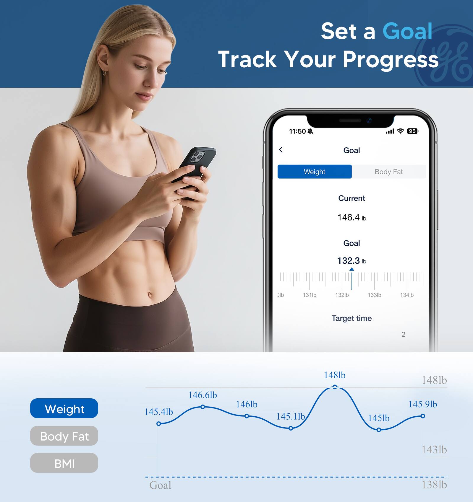 Set a Goal  
Track Your Progress  

Current Weight: 146.4 lb  
Goal Weight: 132.3 lb  

Target time: 2  

Weight History:  
146.6 lb, 145.4 lb, 146 lb, 145.1 lb, 148 lb, 145 lb, 148 lb, 145.9 lb, 143 lb, 138 lb  

BMI: [Not specified]