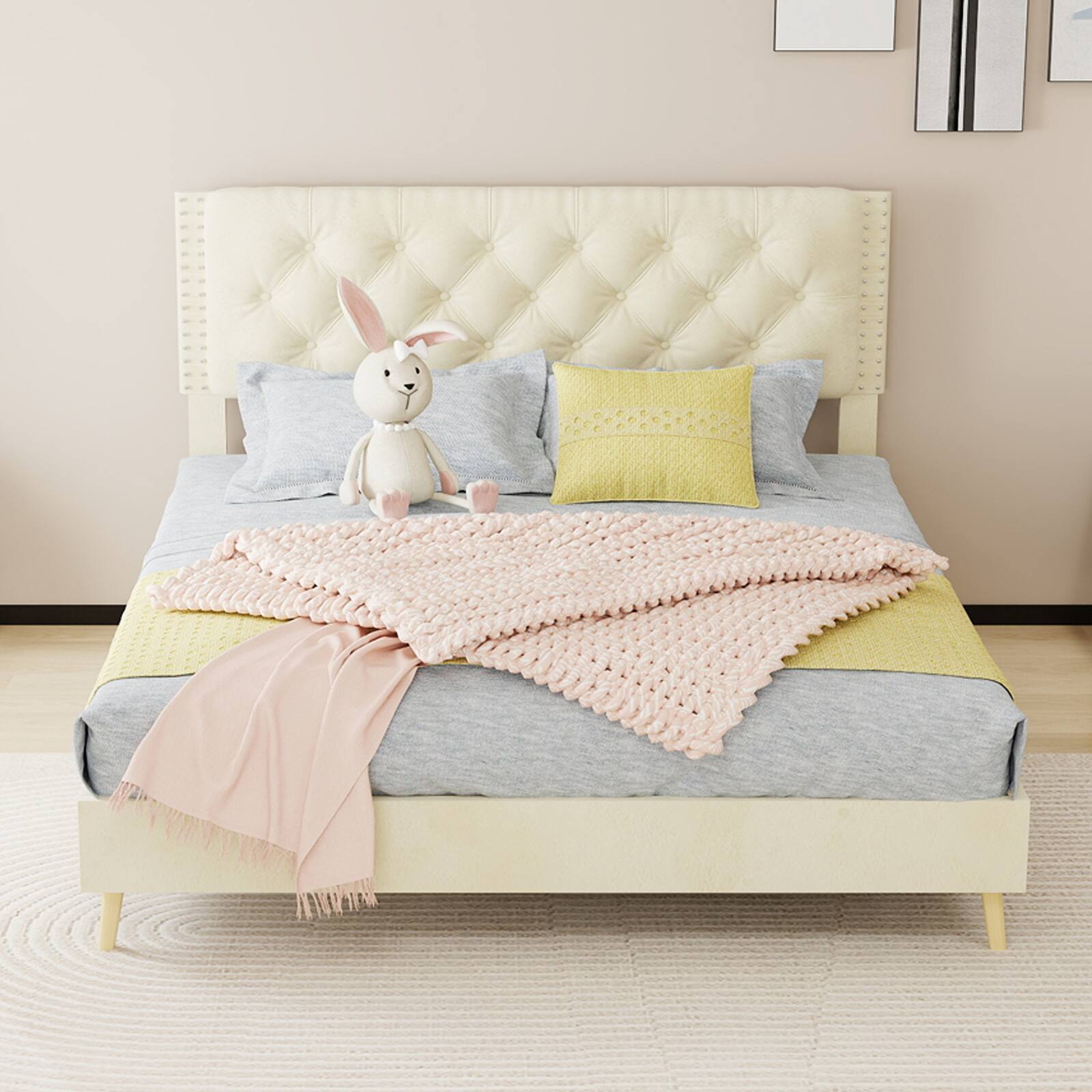 Alt View 2. Loheer - Loheer Luxury Beige Velvet Upholstered Queen Bed Frame Sturdy Platform Base - Beige.