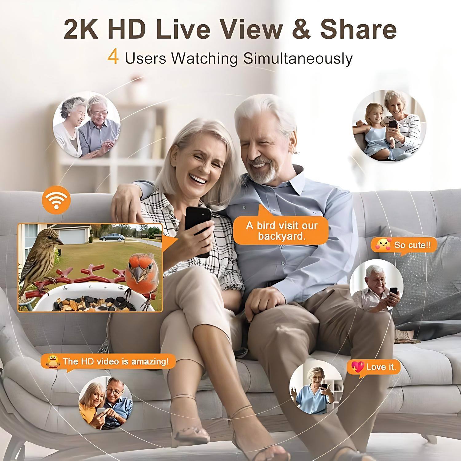 2K HD Live View & Share  
4 Users Watching Simultaneously  

A bird visit our backyard.  
So cute!!  
The HD video is amazing!  
Love it.