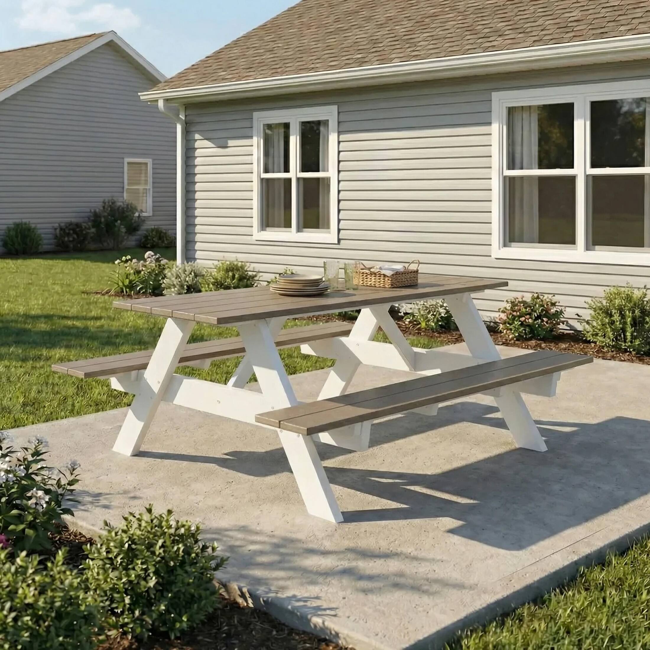 Angle. WestinTrends - WestinTrends Greenville Outdoor 70" HDPE Plastic Picnic Table Bench With Umbrella Hole - Weathered Wood.