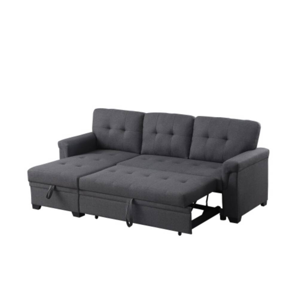 Alt View 5. LUCKY ONE - 84" Dark Gray Linen Reversible Sleeper Sectional Sofa with Storage Chaise, Pull-Out Bed, Space-Saving Design - Dark Gray.