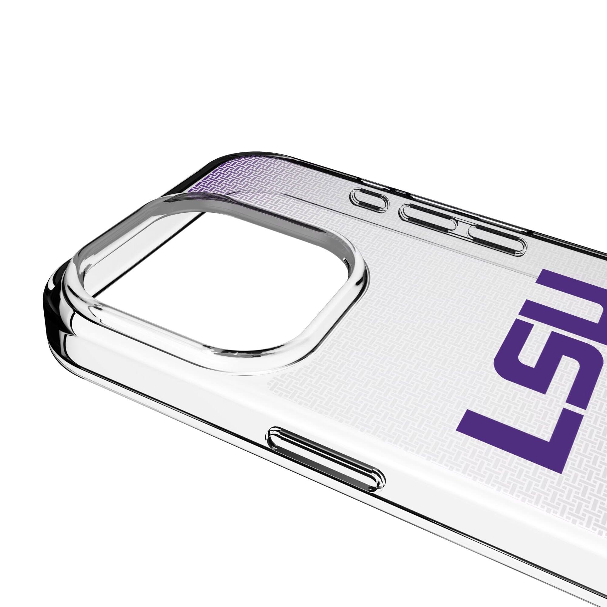 Alt View 2. Keyscaper - LSU Tigers Linen Logo iPhone Clear Case - 13 Pro - Multicolor.