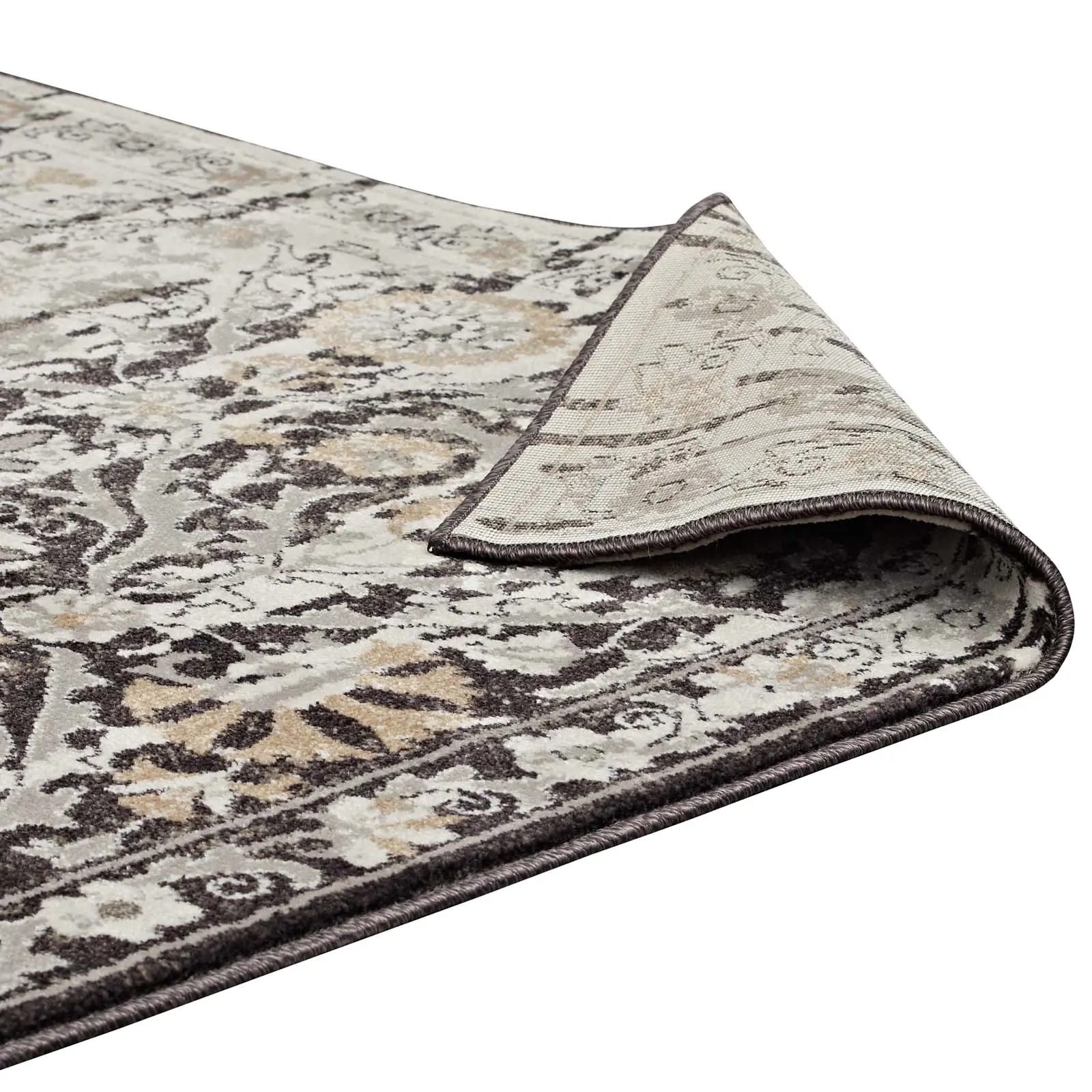Alt View 4. Modway - Ganesa Distressed Diamond Floral Lattice Area Rug - Black and Beige.