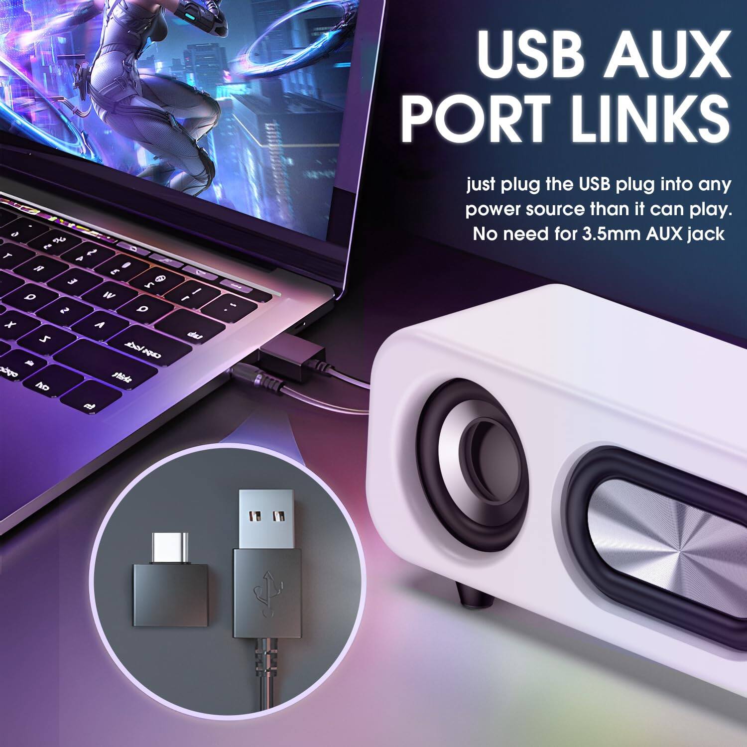 USB AUX PORT LINKS

just plug the USB plug into any power source than it can play. No need for 3.5mm AUX jack
