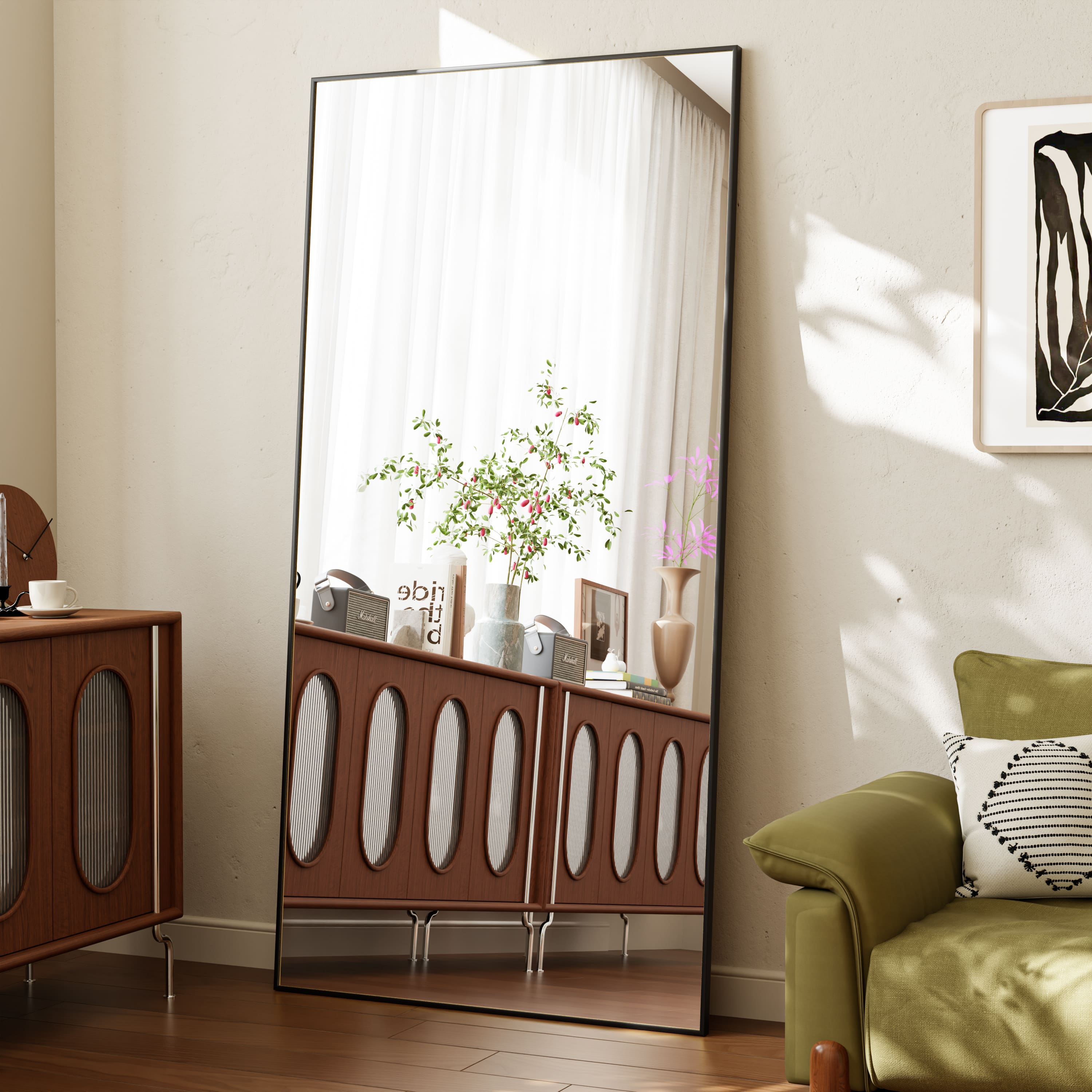 Easly - 34 in. W x 76 in. H Rectangle Aluminum Alloy Frame Full Length Floor Mirror - Black