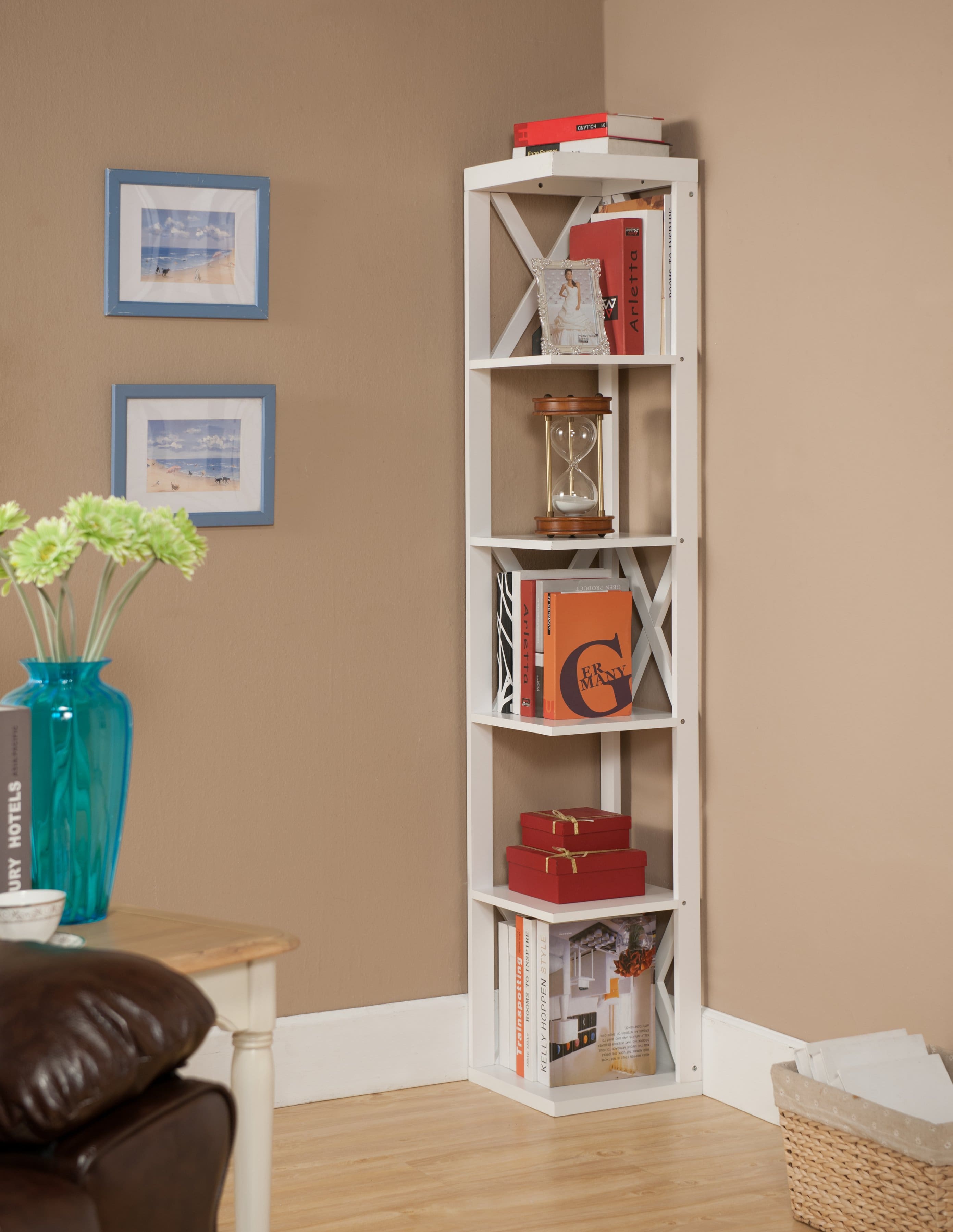 Kings Brand Furniture - Whiteley Wood Wall Corner 5 Tier Bookshelf Display Stand - White
