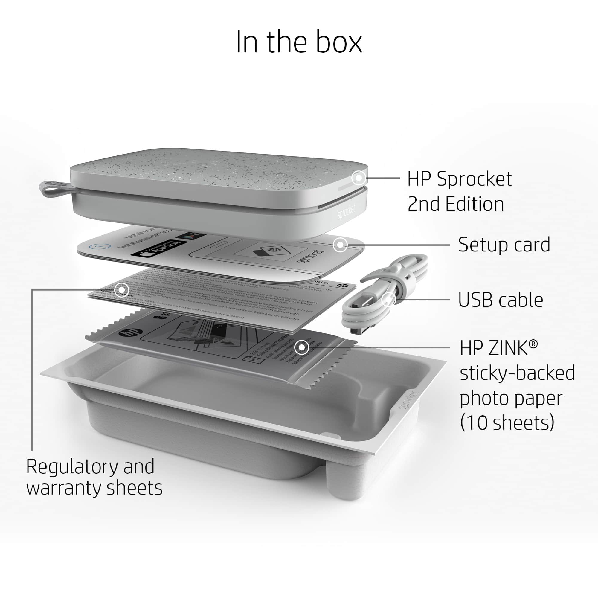 In the box, there is an HP Sprocket 2nd Edition, a setup card, a USB cable, and a photo paper (10 sheets). Additionally, there are regulatory and warranty sheets included.