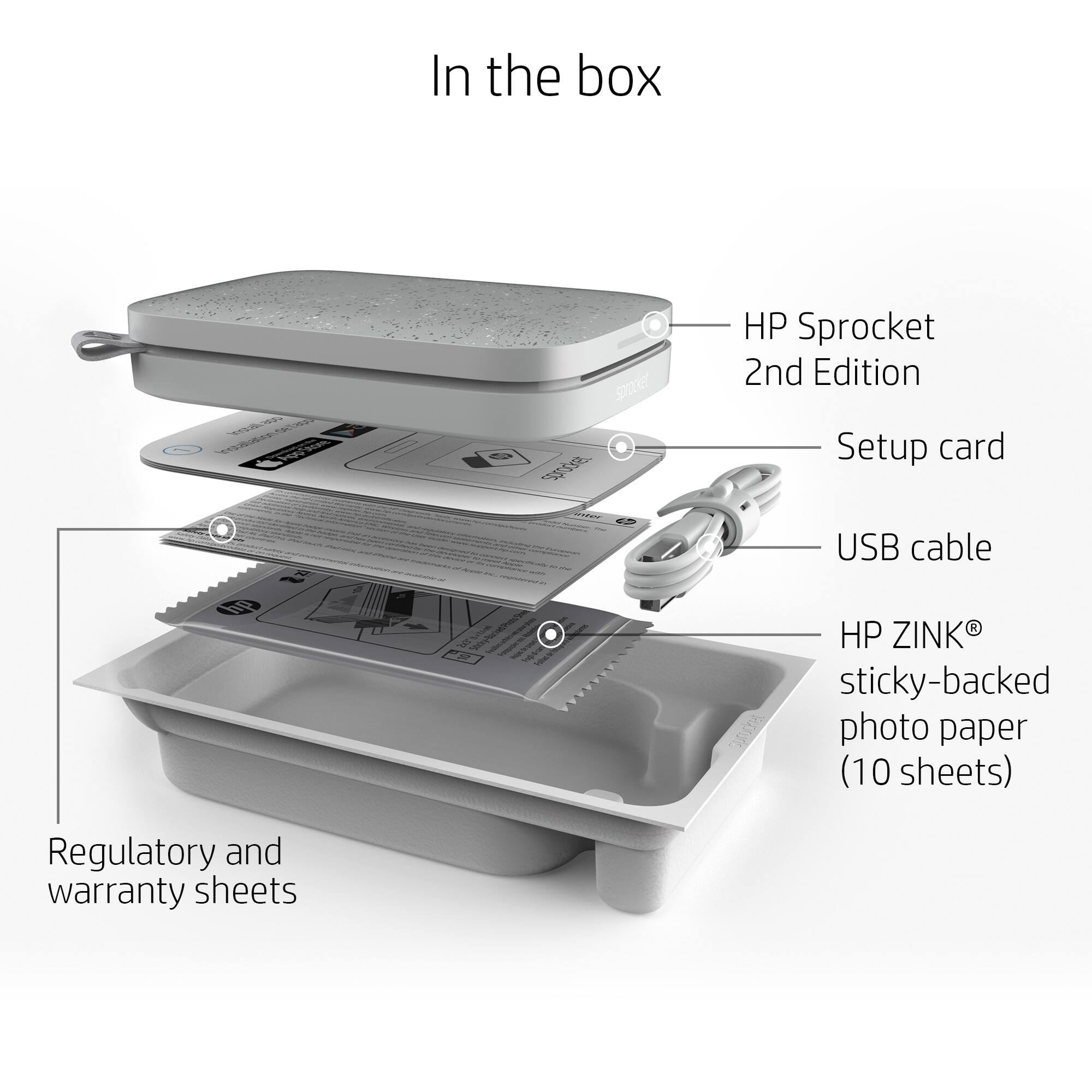 In the box, there is an HP Sprocket 2nd Edition, a setup card, a USB cable, and a photo paper (10 sheets). Additionally, there are regulatory and warranty sheets included.