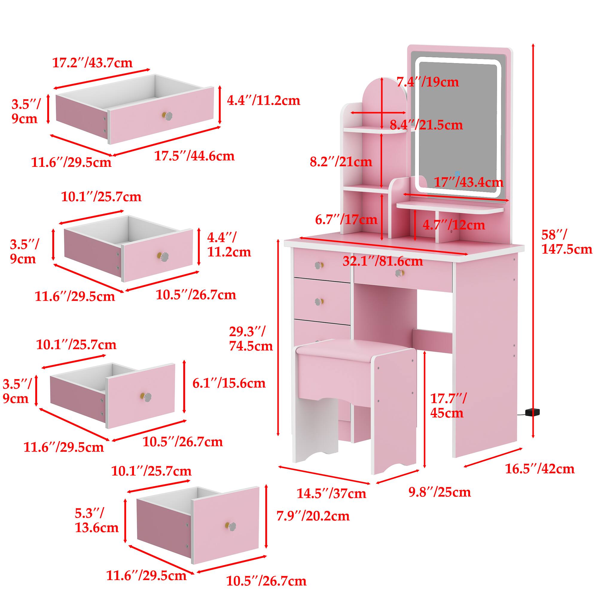 Here is the corrected and grouped text based on the image:

- 17.27"/43.7cm
- 3.5"/9cm
- 4.4"/11.2cm
- 7.47"/19cm
- 8.4"/21.5cm
- 17.5"/44.6cm
- 11.6"/29.5cm
- 10.1"/25.7cm
- 4.4"/11.2cm
- 3.5"/9cm
- 8.27"/21cm
- 17"/43.4cm
- 6.7"/17cm
- 4.7"/12cm
- 32.17"/81.6cm
- 58"/147.5cm
- 10.5"/26.7cm
- 10.17"/25.7cm
- 29.3"/74.5cm
- 3.5"/9cm
- 6.17"/15.6cm
- 17.7"/45cm
- 11.6"/29.5cm
- 10.5"/26.7cm
- 10.1"/25.7cm
- 5.3"/13.6cm
- 14.5"/37cm
- 7.97"/20.2cm
- 16.5"/42cm
- 9.8"/25cm
- 11.6"/29.5cm
- 10.5"/26.7cm