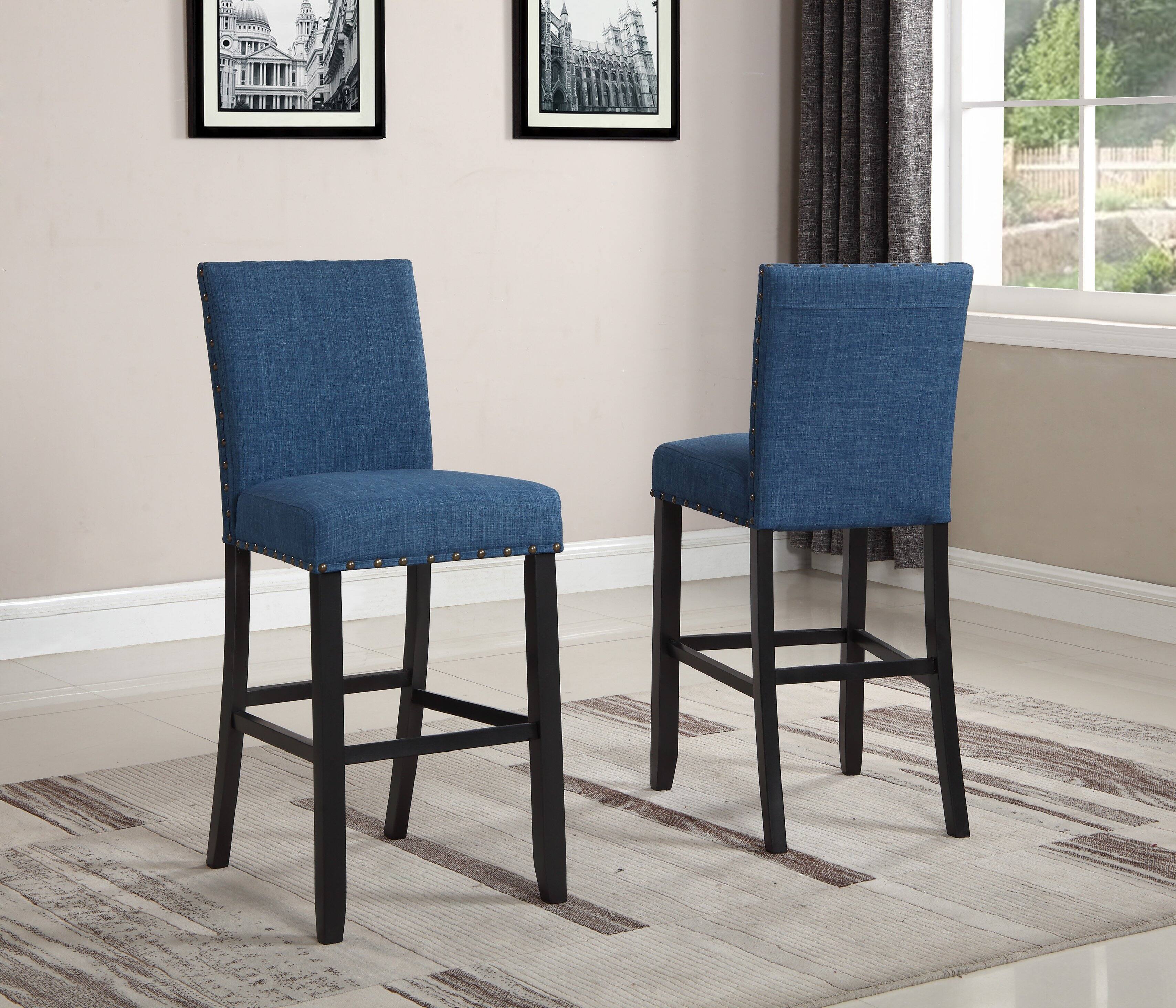 Front. TinyHomie - Biony Fabric Bar Stools with Nailhead Trim Set of 2 Blue - Blue.