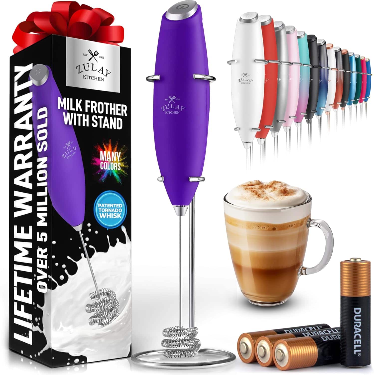 Zulay Kitchen - Tornado Whisk Milk Frother with 4 AA Duracell Batteries - Triple Whisk for More Power - Purple