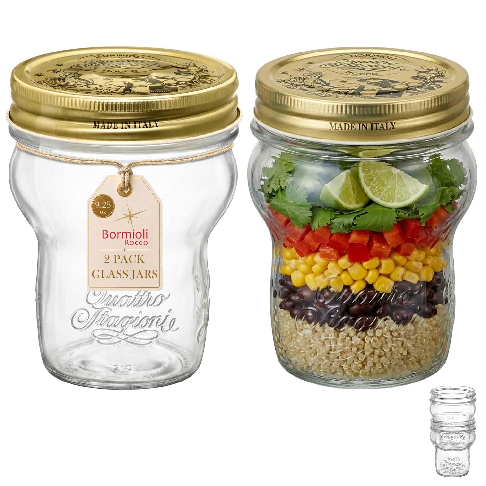 00MID TagEu RORMIOU  ROEce MADE IN ITALY MADE IN ITALY 9.25 10 Bormioli Rocco 2 PACK GLASS JARS Quattro Fragioni
