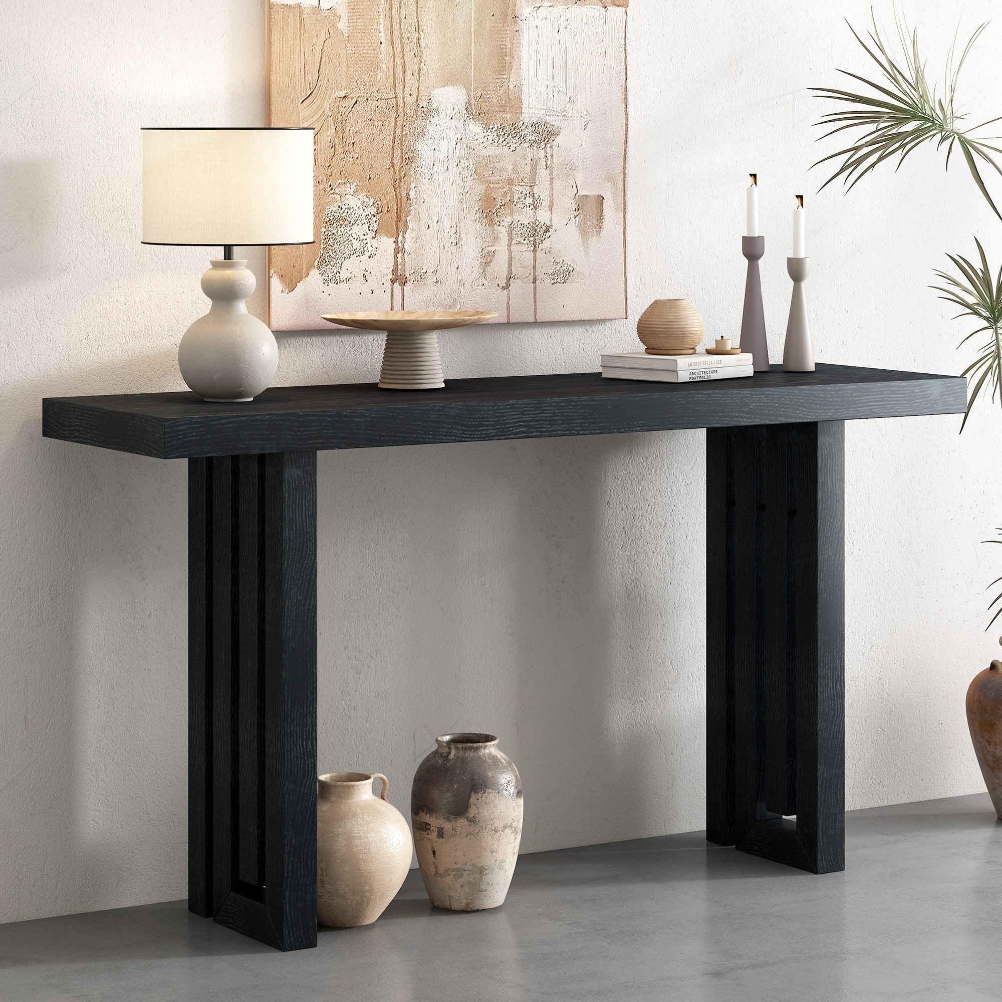 TinyHomie - Uniquely Designed Oak Veneer Console Table with Distinctive Side Shapes Suitable for Entryway Hallway Living Room Foyer - Black