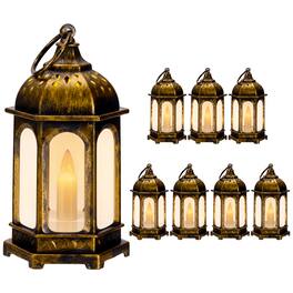 IMAGE - 8 Pcs Mini Moroccan Hanging Lanterns with LED Lights - Brushed Bronze Without Ramadan Carved