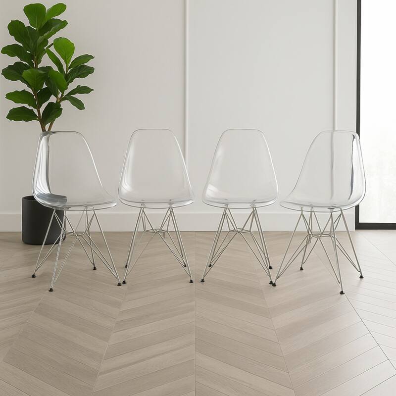 Angle. LeisureMod - Cresco 4-Pieces Ergonomic Acrylic Dining Chair with Chrome Eiffel Base for Home or Office - Clear.