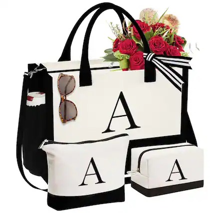 Front. Paradigms Interiors - Initial Canvas Tote Bag & Makeup Birthday Gifts For Women Mom Sister Friends Bridesmaid Wedding - A.