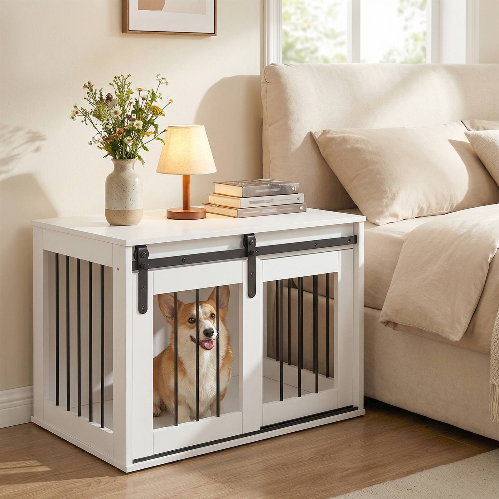Alt View 4. Gymax - Gymax Dog Crate Furniture 31.5'' Heavy Duty Dog Kennel w/Sliding Barn Door Metal Frame White.