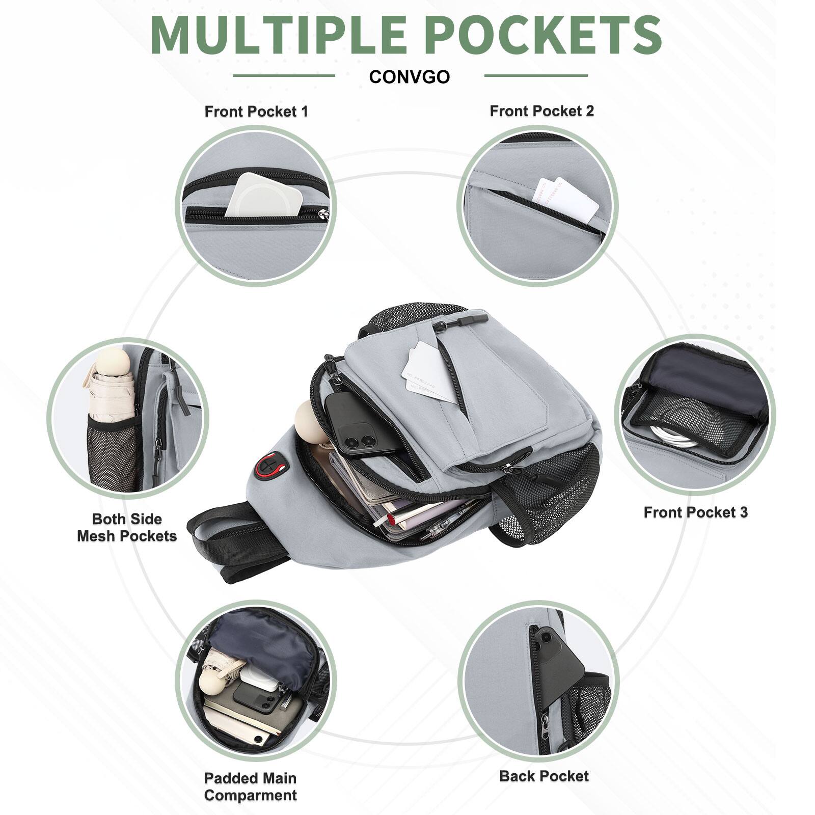 MULTIPLE POCKETS

CONVGO

- Front Pocket 1
- Front Pocket 2
- Both Side Mesh Pockets
- Front Pocket 3
- Padded Main Compartment
- Back Pocket
