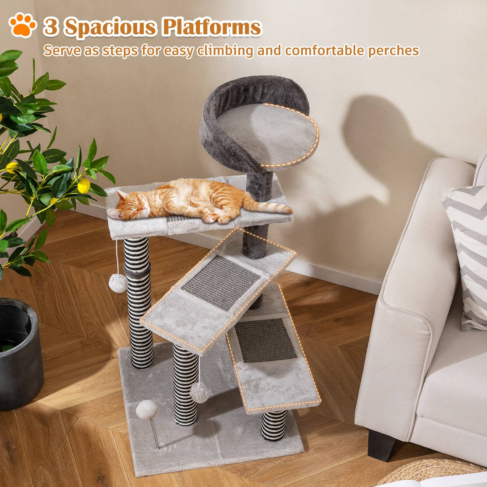 3 Spacious Platforms  
Serve as steps for easy climbing and comfortable perches
