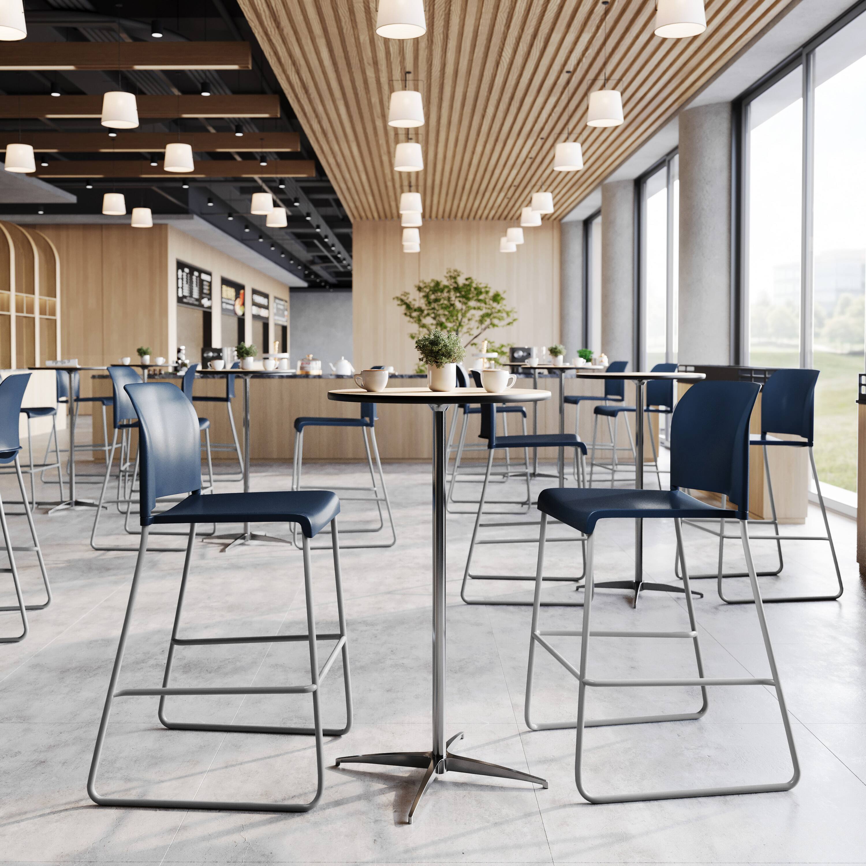 Alt View 1. Emma + Oliver - Calliope Stackable Office Reception Barstool with Contoured Backrest and Chrome Sled Base - Navy Plastic/Gray Frame.