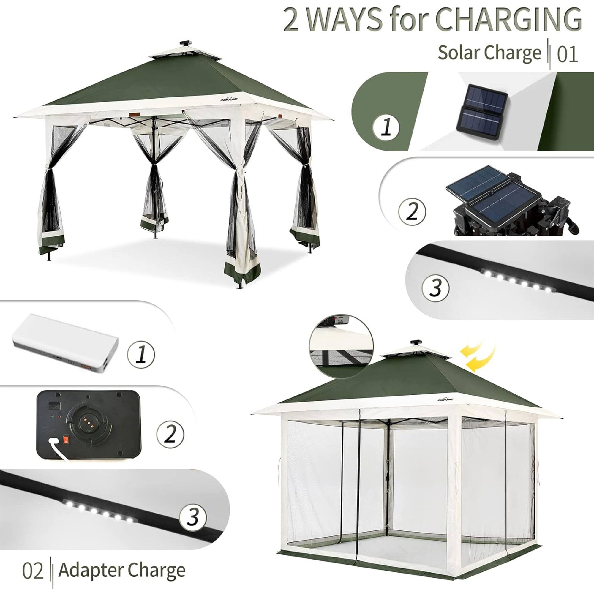 2 WAYS for CHARGING

Solar Charge | 01

1. Solar Panel
2. Solar Panel
3. Solar Panel

Adapter Charge | 02

1. Power Bank
2. Power Bank
3. Power Bank