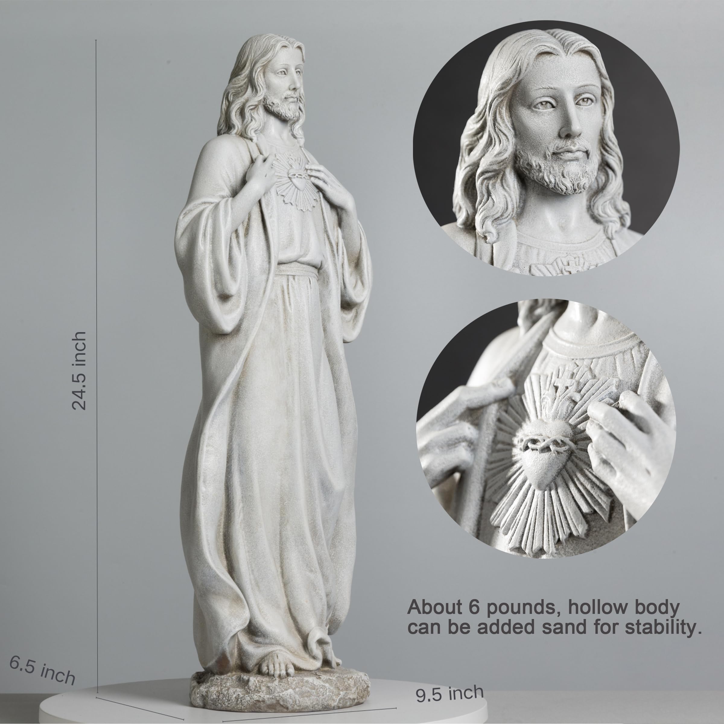 - Height: 24.5 inches
- Width: 6.5 inches
- Depth: 9.5 inches
- Weight: About 6 pounds
- Hollow body can be added sand for stability.