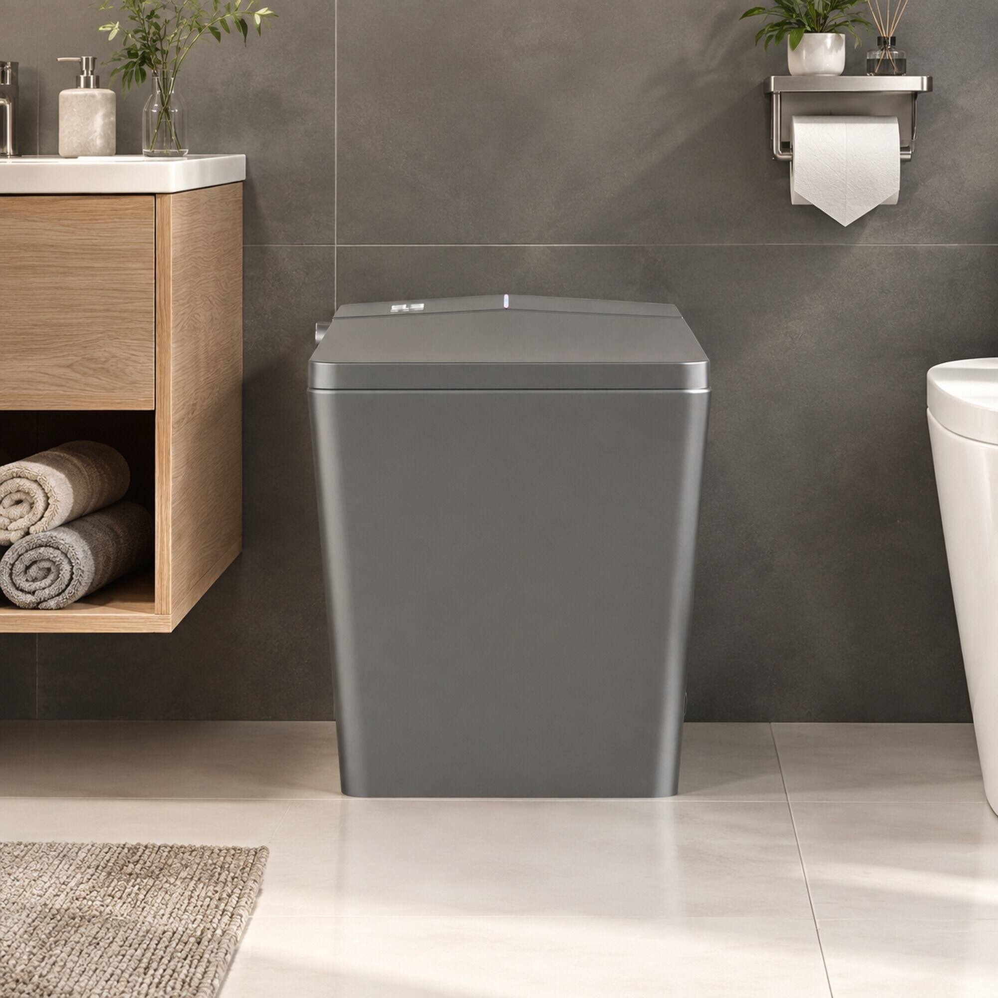 Back. RYHNUYNE - Square Matte Grey Smart Bidet Toilet, Built-in Tank Remote Foot Touch Auto Flush Heated Seat LED Display User Memory - Matte Gray.