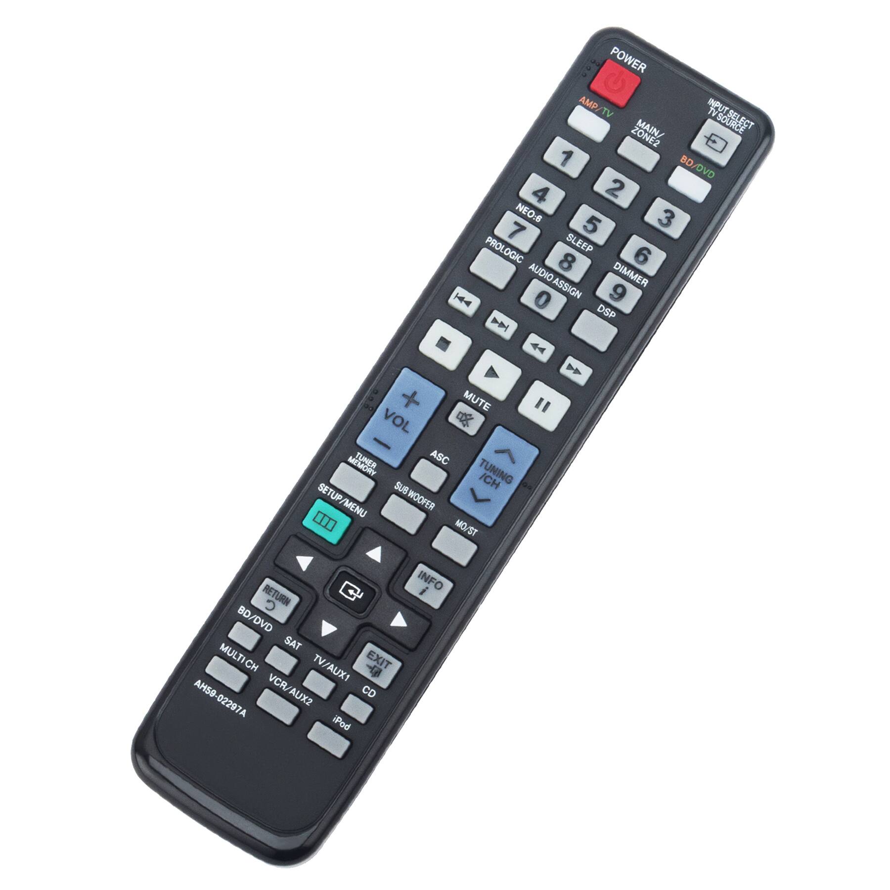 POWER  
AMP/TV  
INPUT SELECT  
MAIN ZONE 2  
1 2 3 4 5 6 7 8 9 0  
NEO:5  
PROLOGIC  
SLEEP  
AUDIO ASSIGN  
AUDIO DIMMER  
DSP  
MUTE  
VOL  
TUNER  
TUNING ICH  
SETUP MENU  
SUB WOOFER  
RETURN  
BD/DVD  
SAT  
TV/AUX1  
VCR/AUX2  
MULTI CH  
EXIT  
iPod  
INFO  
AH59-02297A