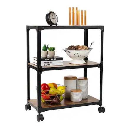Front. Mind Reader - Bar Cart, Rolling Cart, Microwave Stand, 3-Tier, Coffee Cart, Kitchen, Wood Metal, 23"L x 12"W x 29.5"H - Black.
