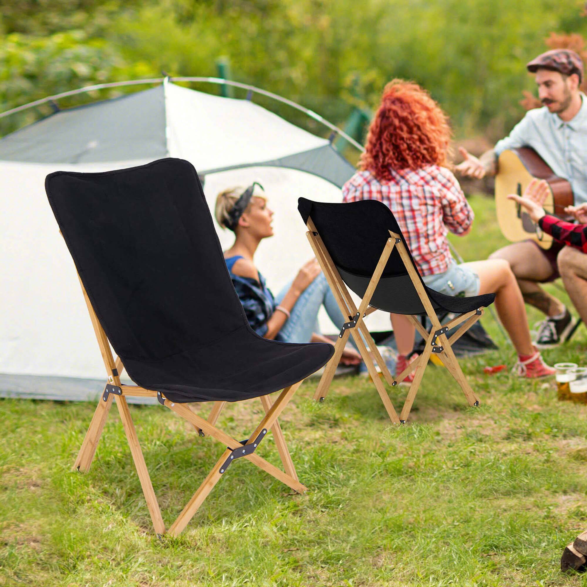 Alt View 4. Costway - Bamboo Butterfly Folding Chair Set of 2 with Storage Pocket 330 LBS Capacity Black - Black.