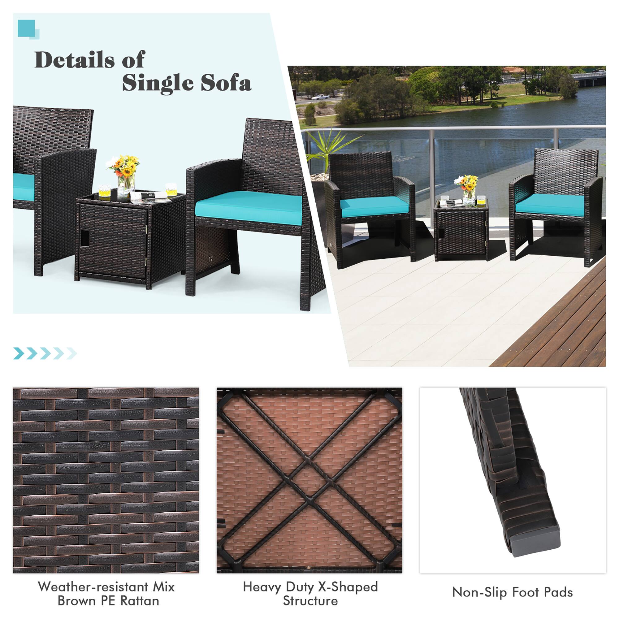 Details of Single Sofa: Weather-resistant mix, Brown PE Rattan, Heavy Duty X-Shaped structure, Non-Slip Foot Pads.