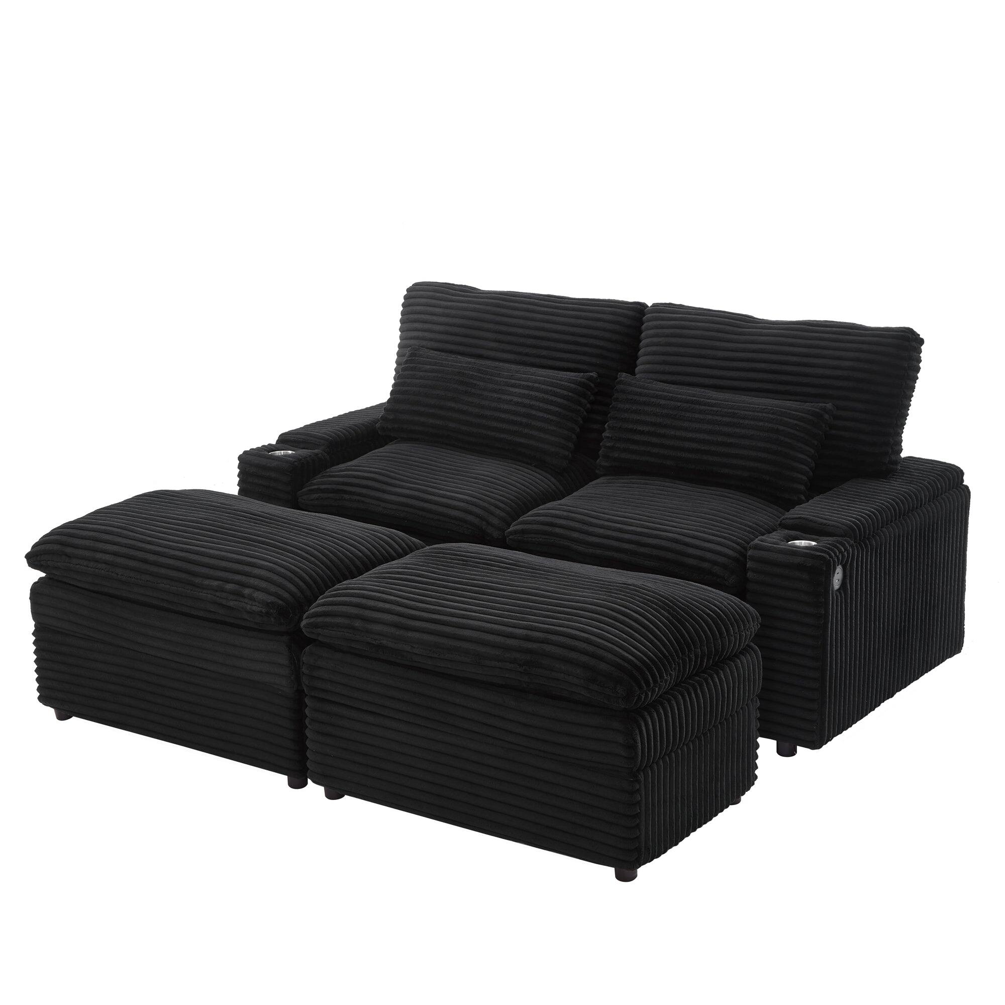 Front. Boyel Living - 70.9 inch Free-combined Sectional Sofa with Storage Space Two Movable Ottomans Four USB Ports and Cup Holders in Black - Black.