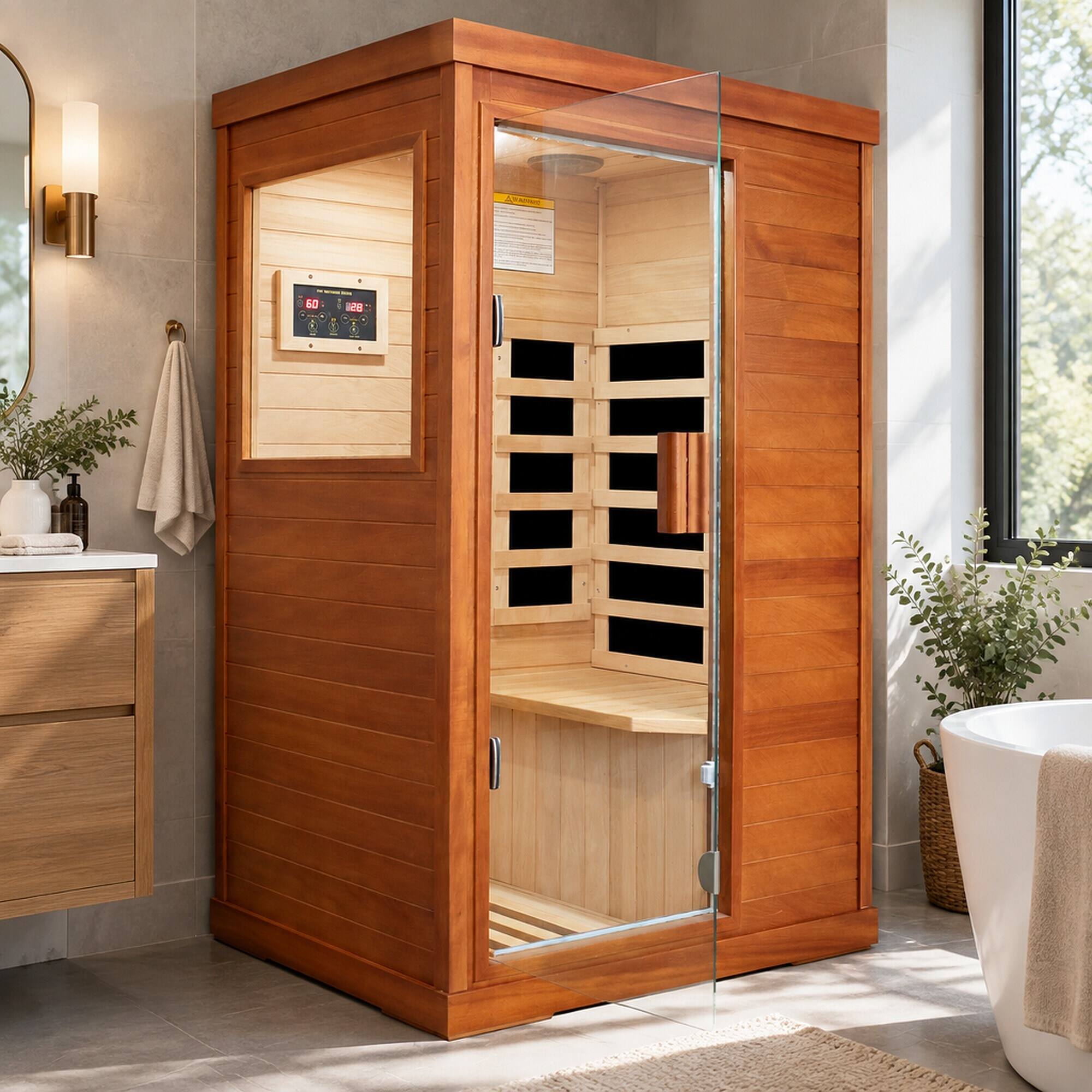Back. RYHNUYNE - Infrared Sauna Room, Single Person, 700 x 895 x 1565 mm, Okoume Wood, 800W, 5 Heating Plates, Bluetooth, LED Light - Natural.