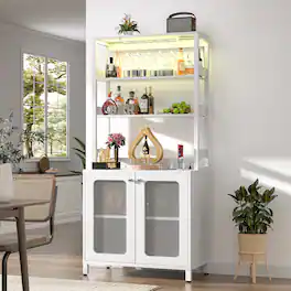 Aheaplus - 67'' Tall Wine Cabinet with LED Light and Power Strip, Liquor Cabinet with Glass Holder & Shelves - White