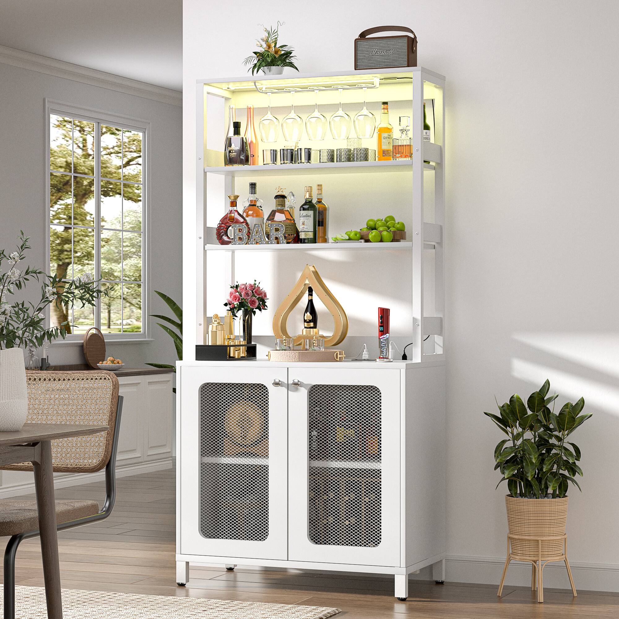 Front. Aheaplus - 67'' Tall Wine Cabinet with LED Light and Power Strip, Liquor Cabinet with Glass Holder & Shelves - White.