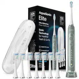 AquaSonic - Elite Rechargeable Electric Toothbrush Set - ADA Accepted, 5 Modes, Travel Case, 8 Brush Heads - Green