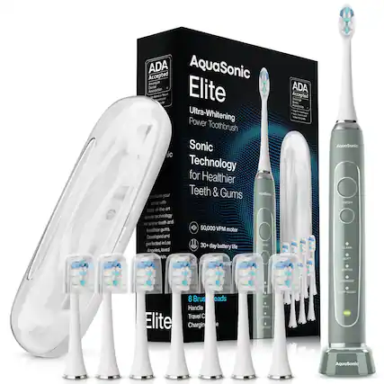 ADA AquaSonic Elite
Accepted American Dental Association
Ultra-Whitening Power Toothbrush
Sonic Technology for Healthier Teeth & Gums
Transform your smile with state-of-the-art dental technology for whiter teeth and healthier gums.
50,000 VPM motor
30+ day battery life
Developed and perfected in Los Angeles, loved worldwide
8 Brush Heads
Travel Case
Charging Case
ON/OFF
CLEAN
SOFT
WHITEN
MASSAGE
DEEP CLEAN
AquaSonic Elite
