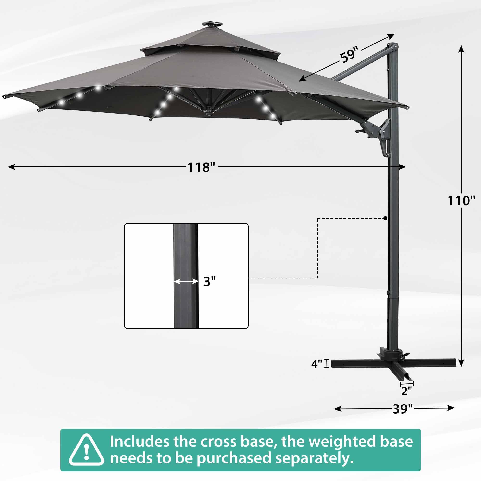 59", 118", 110", 3", 4", 2", 39", Includes the cross base, the weighted base needs to be purchased separately.
