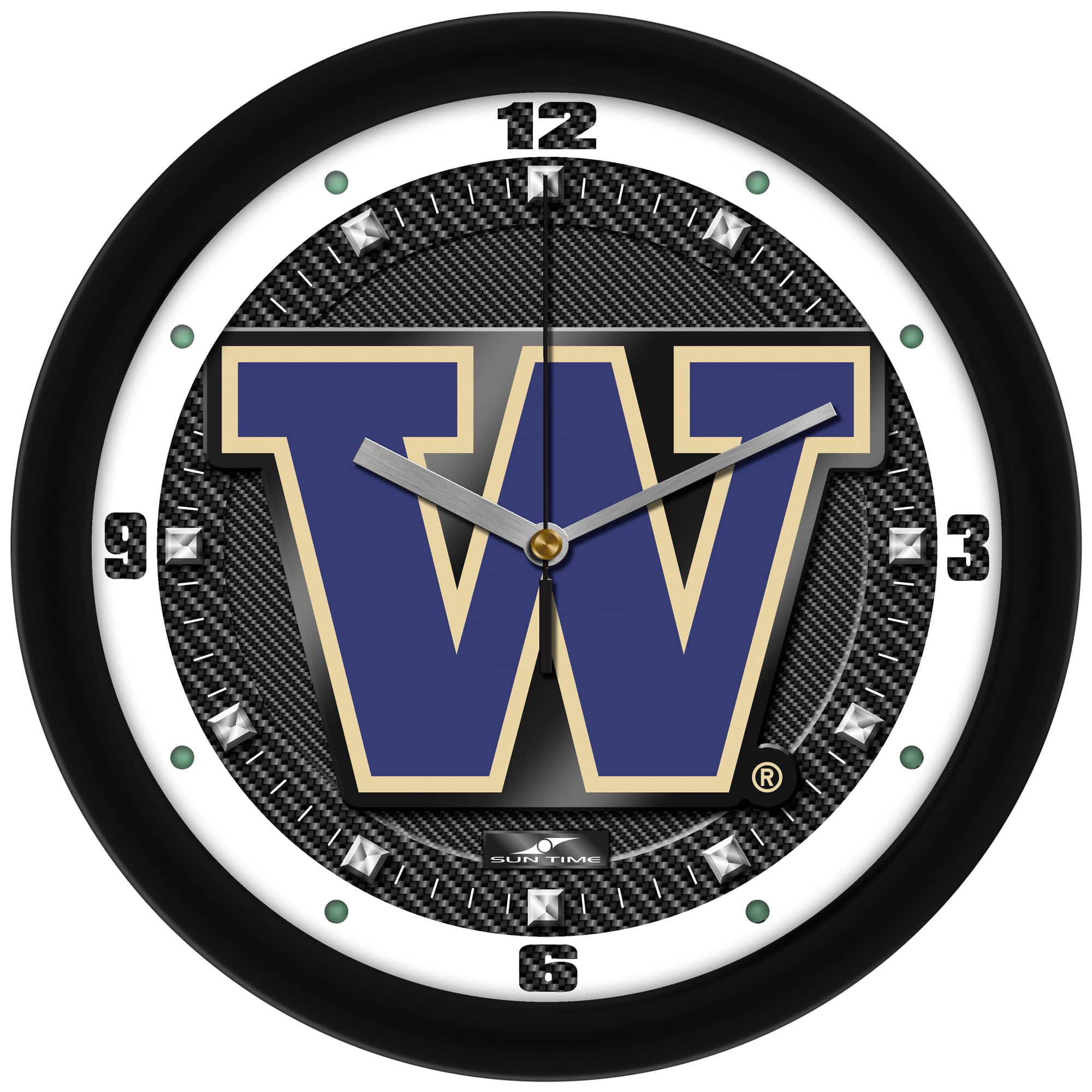 MpDirect - Washington Huskies 11.5'' Suntime Premium Glass Face Carbon Fiber Wall Clock - Multicolor