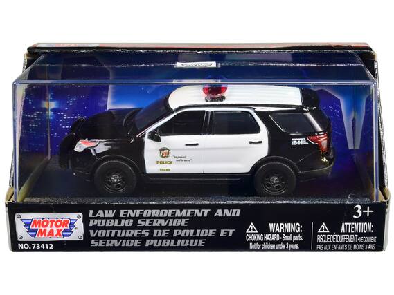 Sure, here is the corrected and grouped text from the image:
---
**Front of the Box:**
- **MOTOR MAX**
- **NO. 73412**
**Side of the Box:**
- **LAW ENFORCEMENT AND PUBLIC SERVICE**
- **VOITURES DE POLICE ET SERVICE PUBLIC**
**Warning Labels:**
- **WARNING: CHOKING HAZARD - Small parts. Not for children under 3 years.**
- **ATTENTION: RISQUE DE TOUFFEMENT - NE COMMENT. PAS AUX ENFANTS DE MOINS 3 ANS.**
**On the Car:**
- **POLICE**
- **"To protect and to serve"**
- **1911**
- **85453**
**Age Label:**
- **3+**
---