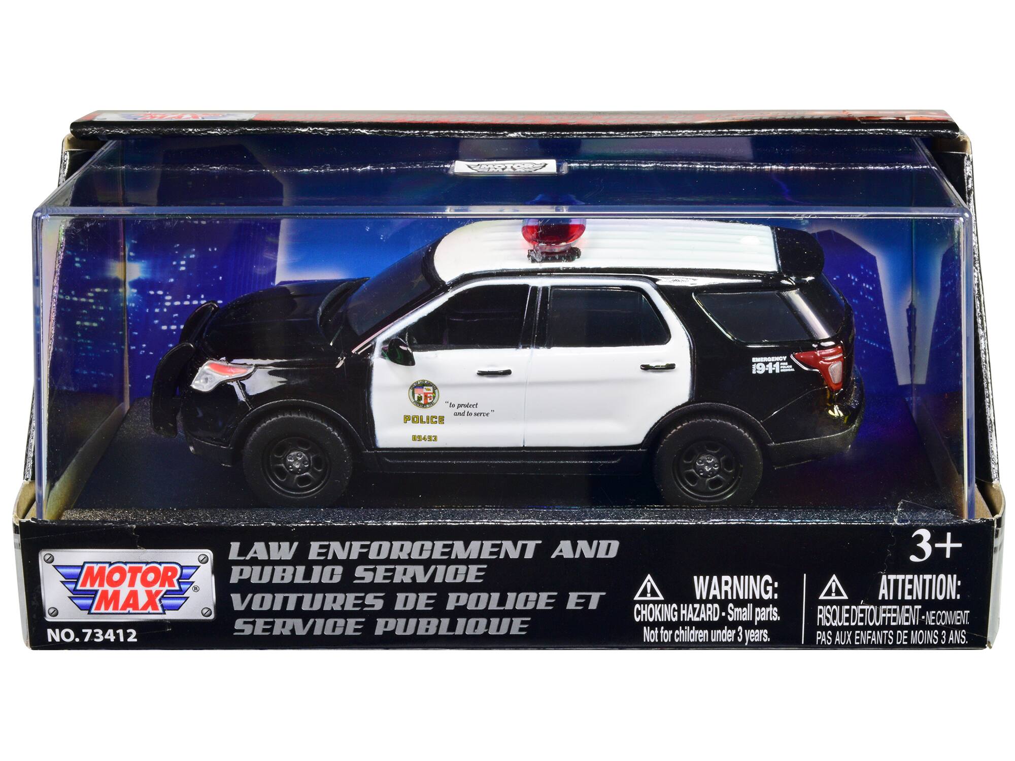 Sure, here is the corrected and grouped text from the image:

---

**Front of the Box:**

- **MOTOR MAX**
- **NO. 73412**

**Side of the Box:**

- **LAW ENFORCEMENT AND PUBLIC SERVICE**
- **VOITURES DE POLICE ET SERVICE PUBLIC**

**Warning Labels:**

- **WARNING: CHOKING HAZARD - Small parts. Not for children under 3 years.**
- **ATTENTION: RISQUE DE TOUFFEMENT - NE COMMENT. PAS AUX ENFANTS DE MOINS 3 ANS.**

**On the Car:**

- **POLICE**
- **"To protect and to serve"**
- **1911**
- **85453**

**Age Label:**

- **3+**

---