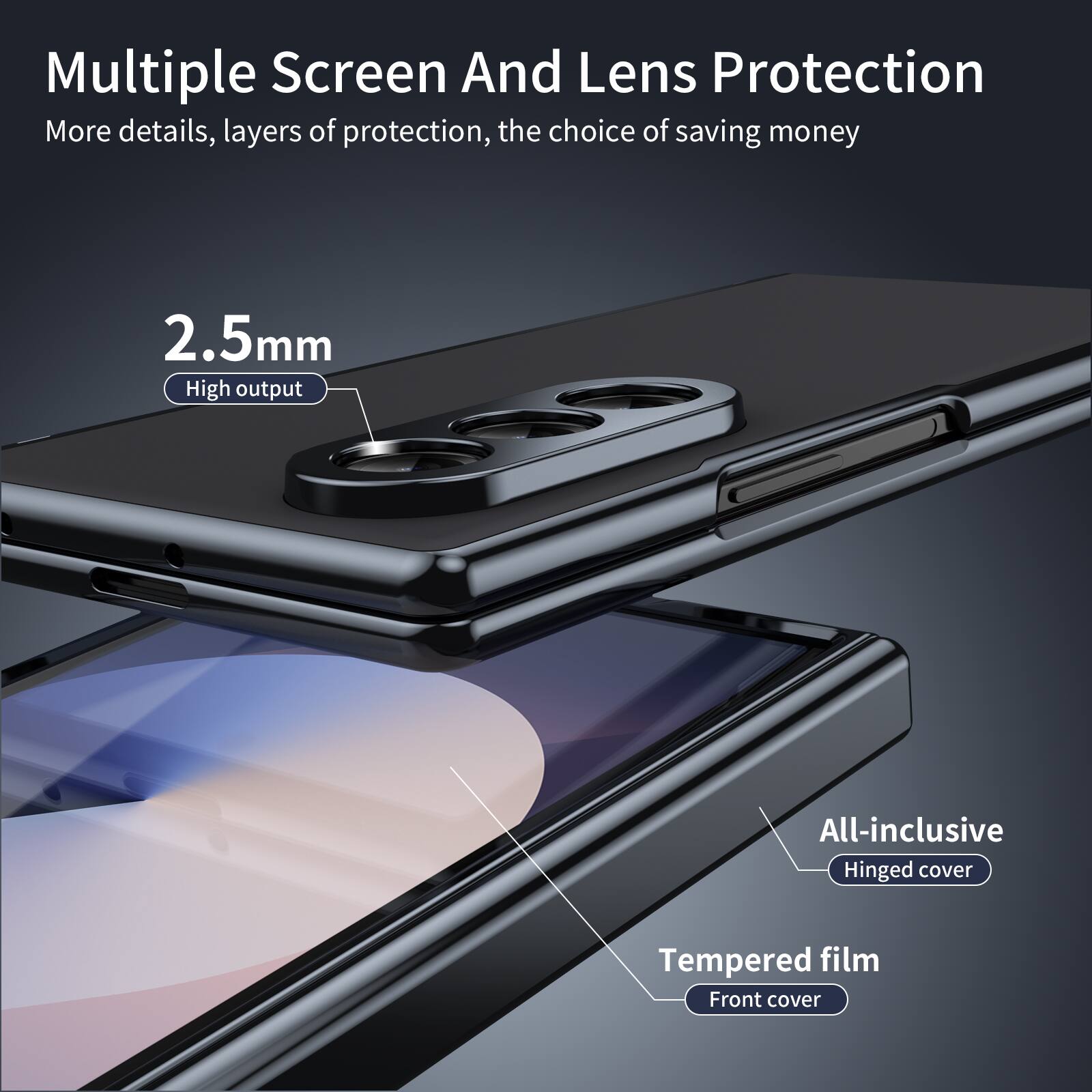 Multiple Screen And Lens Protection  
More details, layers of protection, the choice of saving money  

2.5mm  
High output  

All-inclusive  
Hinged cover  

Tempered film  
Front cover