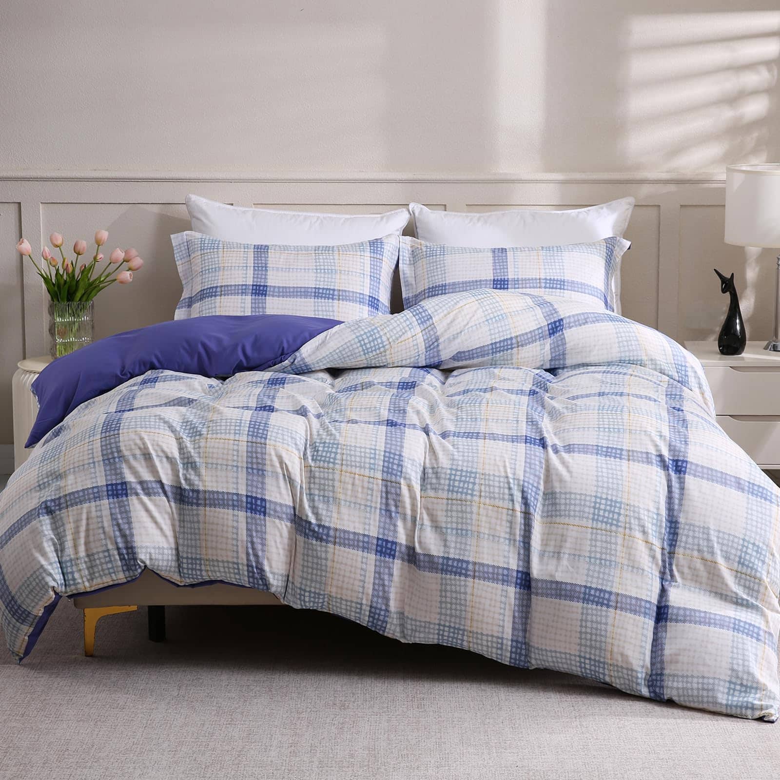 PARKER SLATER - King Flower 3 Duvet Cover Set Breathable Soft Microfiber Black Lining Comforter With Zipper Closure And 2 - Blue Plaid-Queen (90"x90")