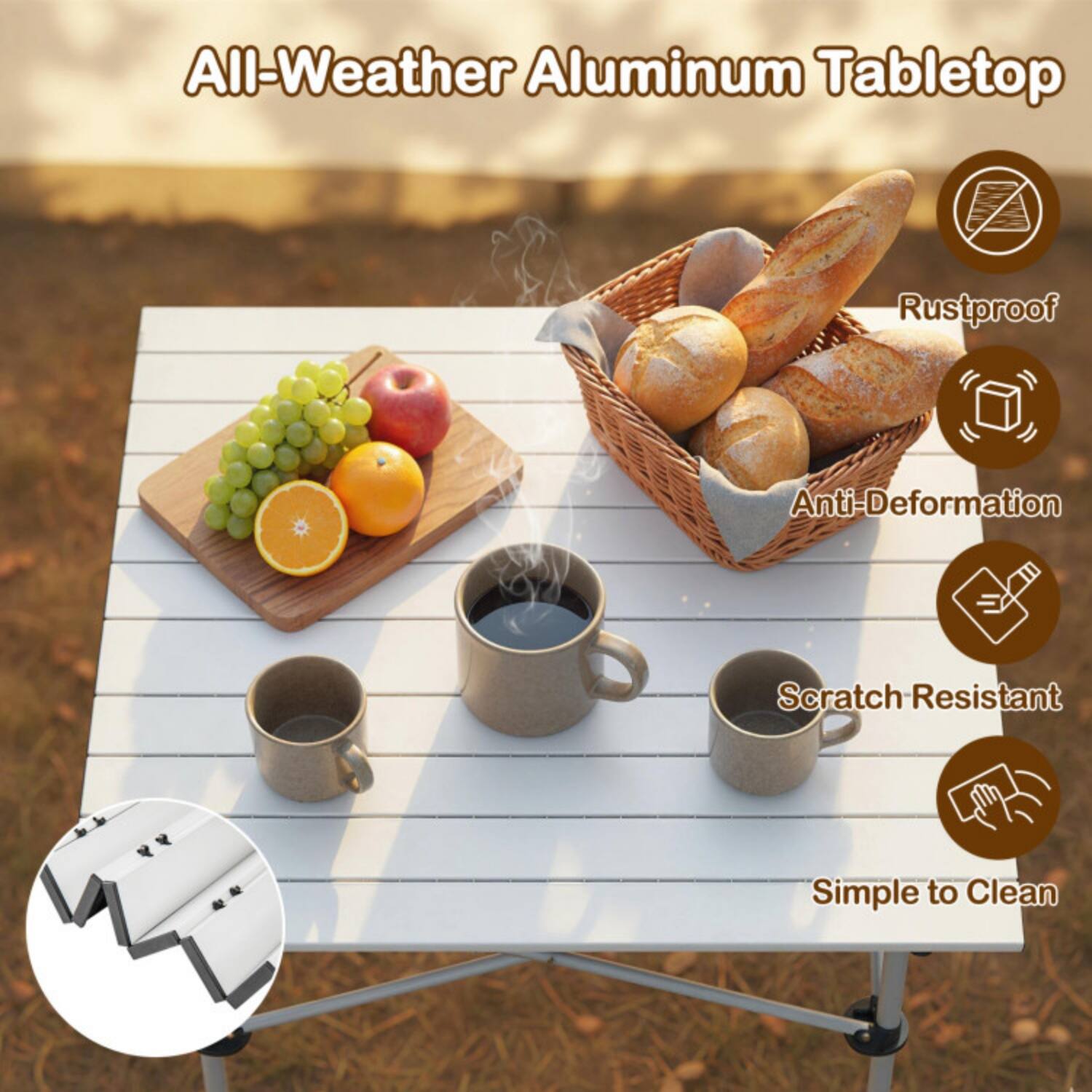 All-Weather Aluminum Tabletop

- Rustproof
- Anti-Deformation
- Scratch Resistant
- Simple to Clean