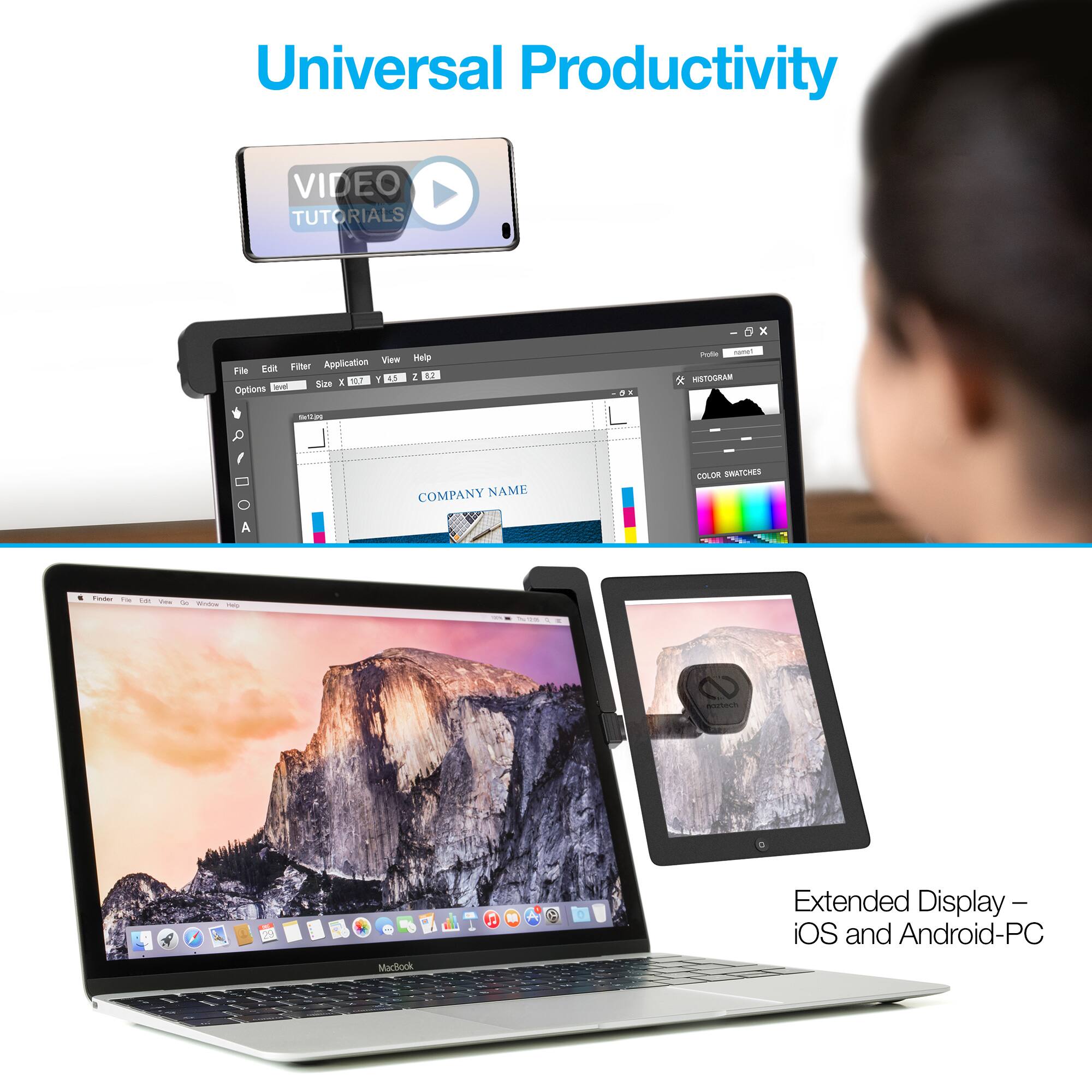 Universal Productivity VIDEO TUTORIALS

Application View File Edit Filter

Options Level Size 80% 25% 25%

HISTOGRAM

COLOR SWATCHES

COMPANY NAME

Extended Display - iOS and Android-PC