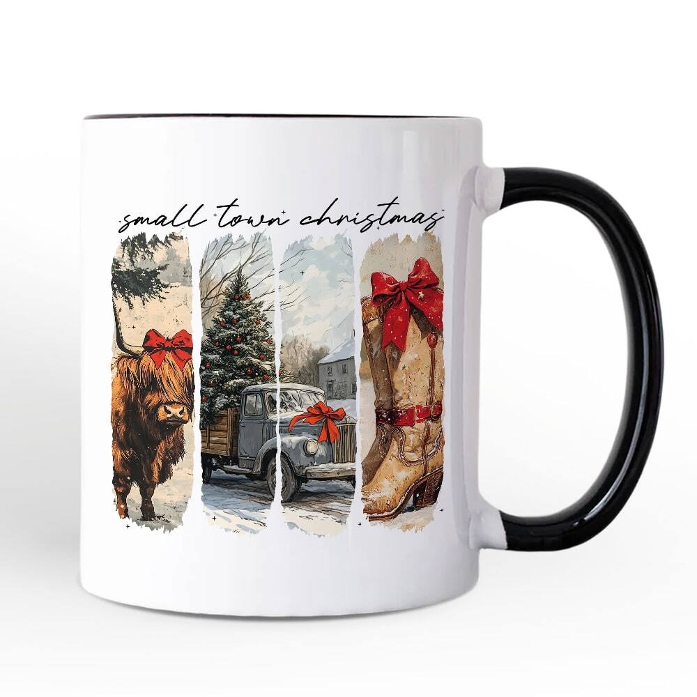 OrnamentallyYou - Small Town Christmas Mug, Highland Cow Rustic Western Cowgirl Holiday Gift - White