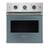 A Viking oven with a stainless steel finish and a stainless steel stove top. The oven has a digital display and a clock, and it is a double oven with a broiler. The stove top has four burners and a timer.