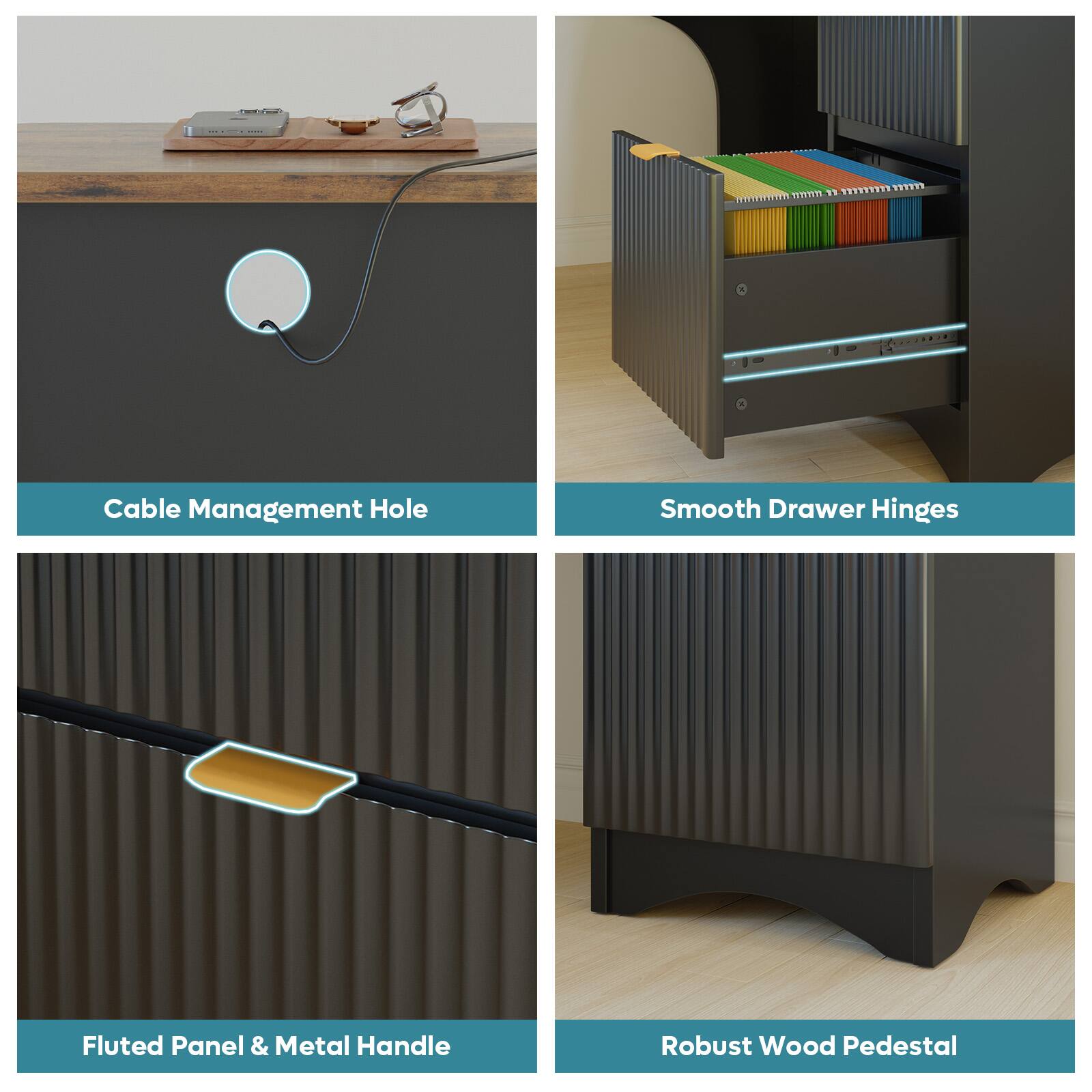 Cable Management Hole, Smooth Drawer Hinges, Fluted Panel & Metal Handle, Robust Wood Pedestal.