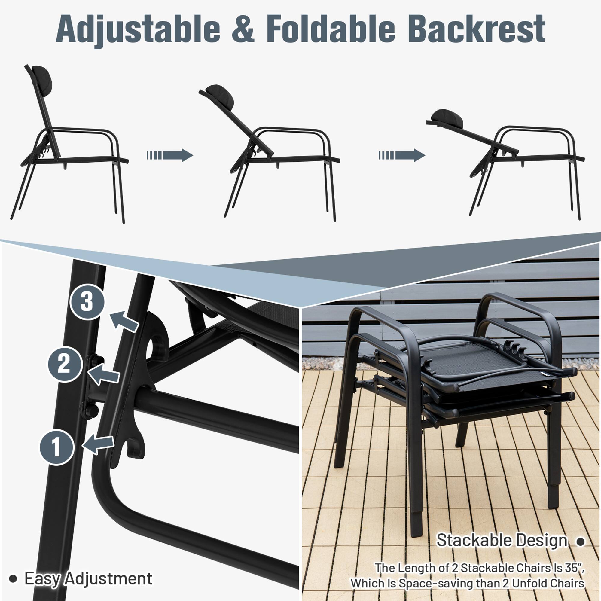 Adjustable & Foldable Backrest

Easy Adjustment

Stackable Design

The Length of 2 Stackable Chairs Is 35", Which Is Space-saving than 2 Unfold Chairs